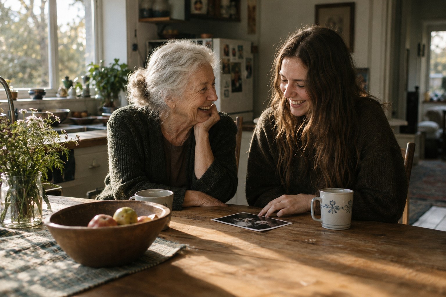 Two generations sharing a laugh over family photographs