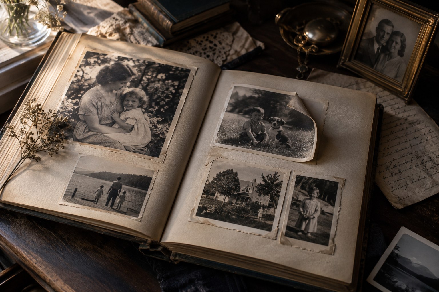 An open family album, photographs, and handwritten memories