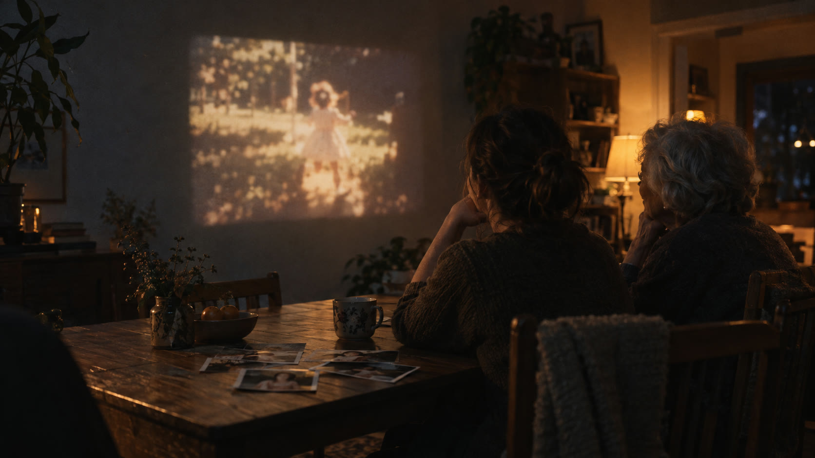 Two family members viewing an old home movie projection at a dining table